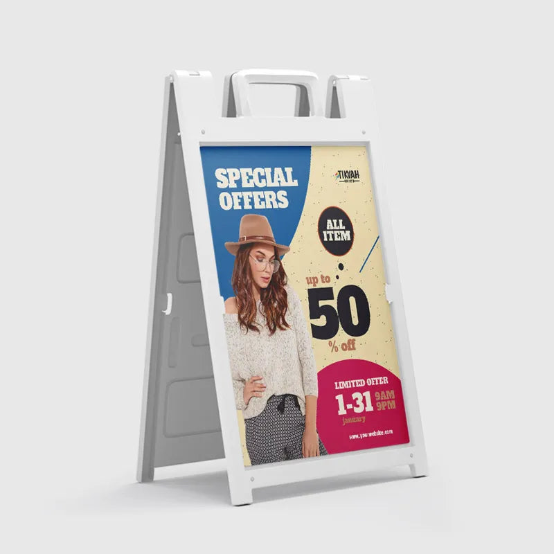 Outdoor advertising stand with a promotional poster for special offers on a white background