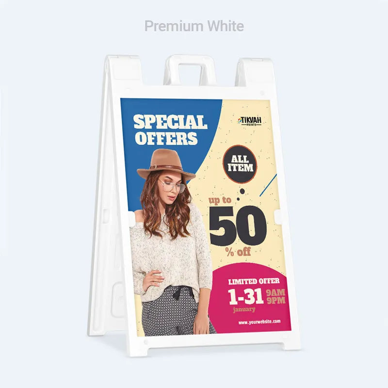 Promotional sign with a woman wearing a hat and sweater, featuring special offers and discounts.