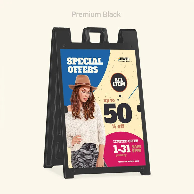 Outdoor advertising stand with a promotional poster for special offers on a white background