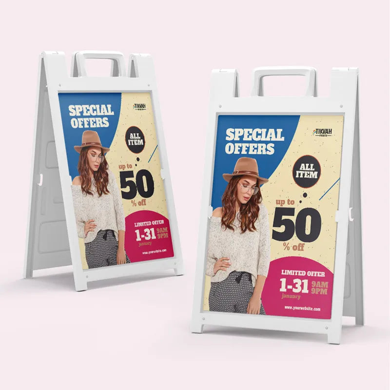 Two promotional a-frame signs with special offers on a white background
