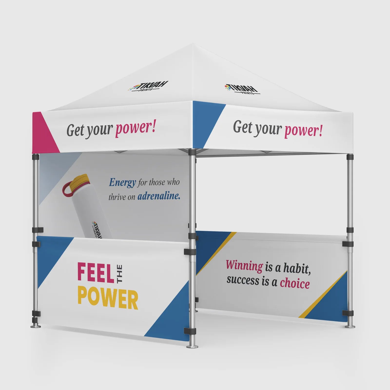 Promotional tent with motivational phrases on a white background