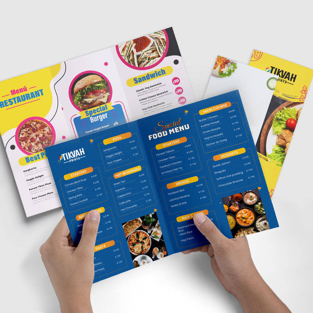Colorful food menu with images of dishes held by hands on a white background